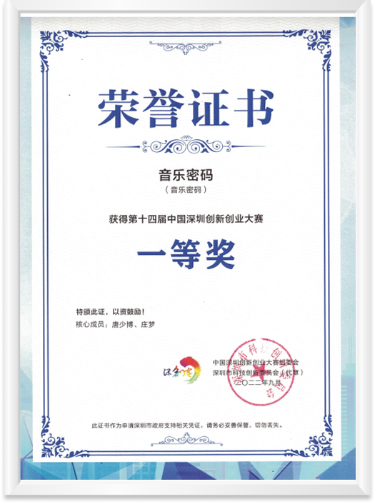 创新创业大赛一等奖证书